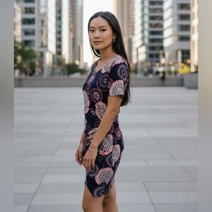 Robbie Bee Navy and Multicolor Textured Dress Faux Wrap Side Tie Size Large